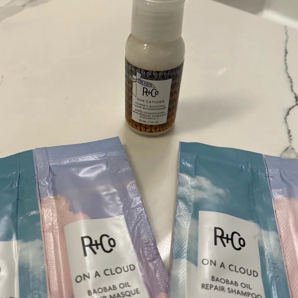 Brand New R&Co Hair care- sun catcher leave in conditioner and 4 travel packets!